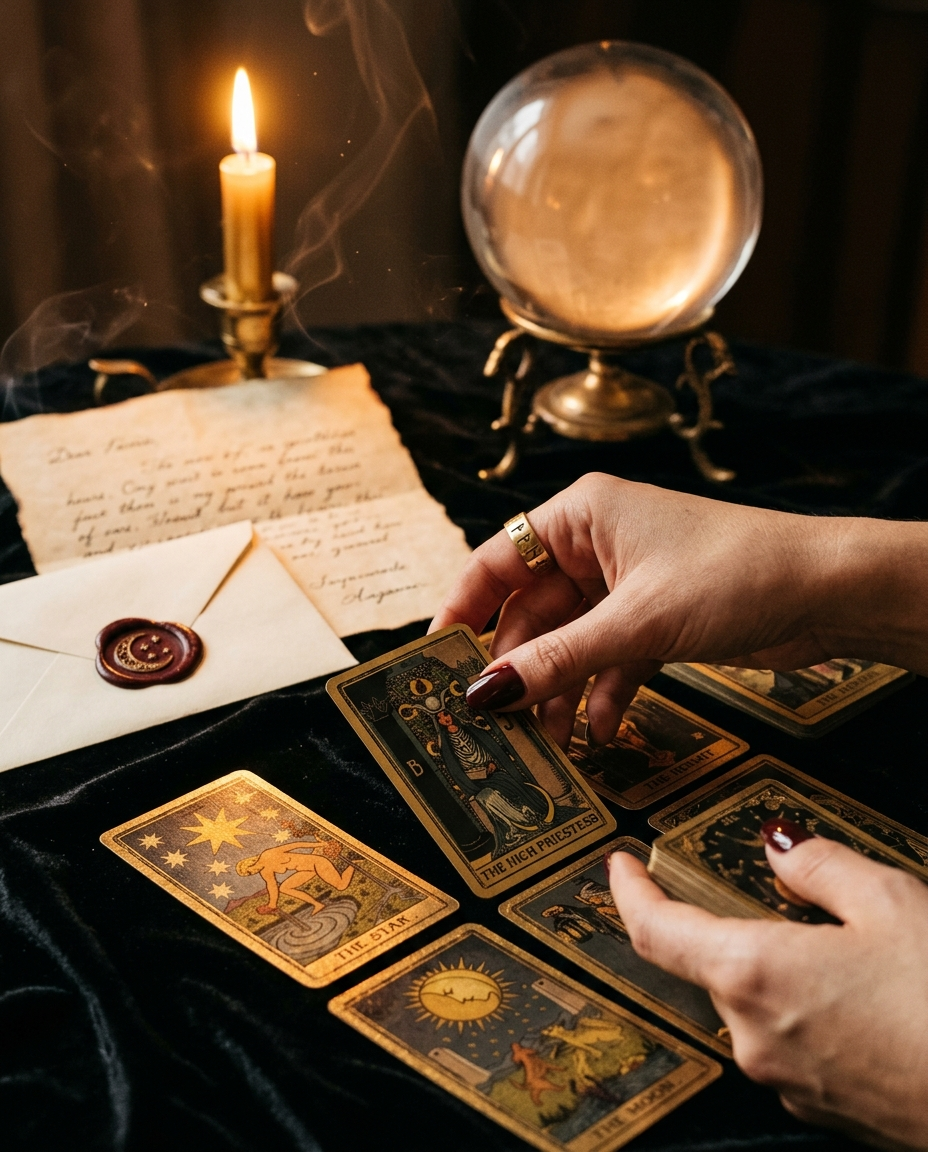 Marina en voyance à distance — boule de cristal, lettre cachetée et carte tarot