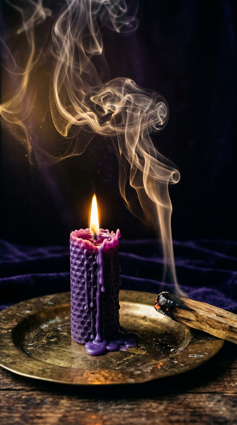 Bougie violette et fumée d'encens dans le cabinet de Marina